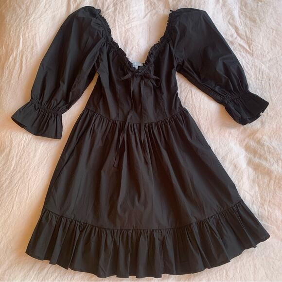 Hill House Samantha Cotton Long 3/4 Sleeve V Neck Ruffle A Line Mini Dress Black - Picture 5 of 11
